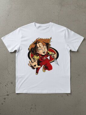 Horror Doll Killer Graphic T-Shirt – Scary Knife Character Tee Streetwear Unisex